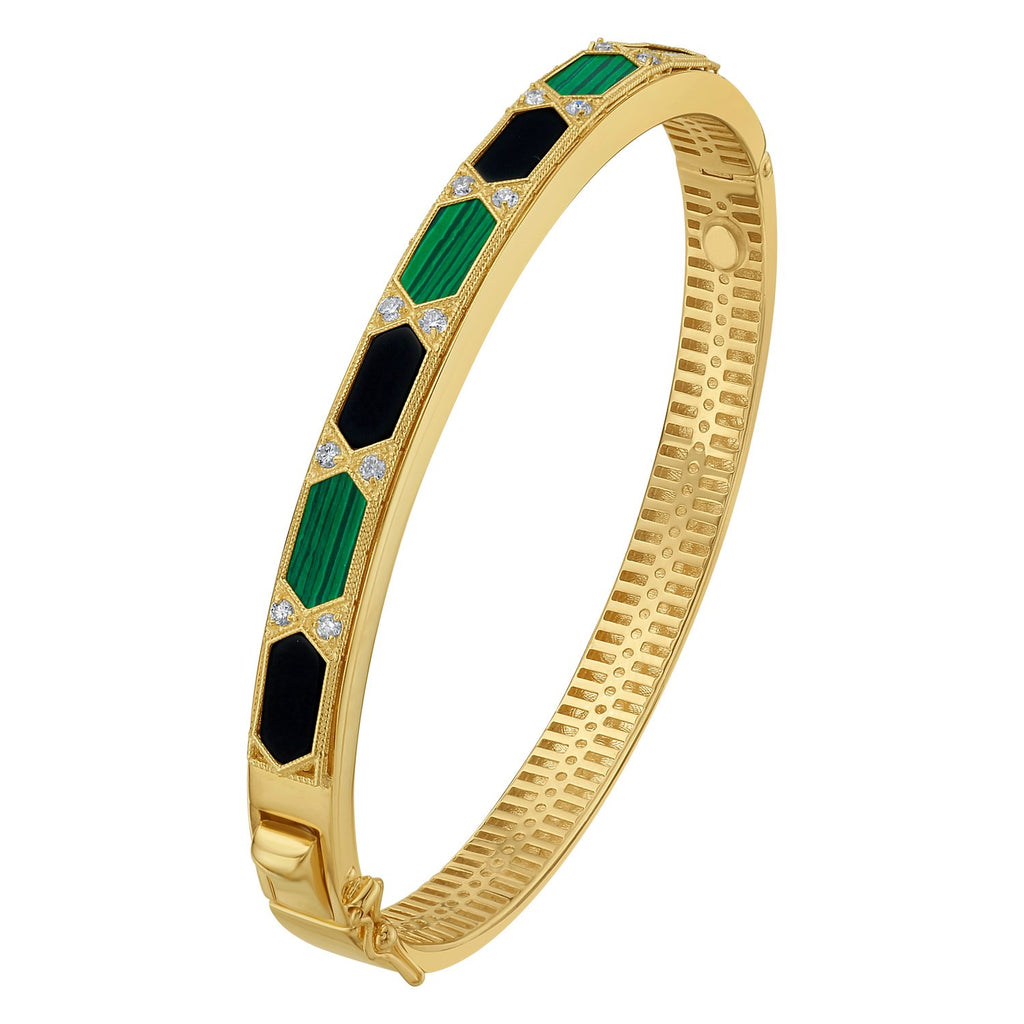 14K yellow gold Art Deco bangle at an angle, showing the black onyx and green malachite hexagons