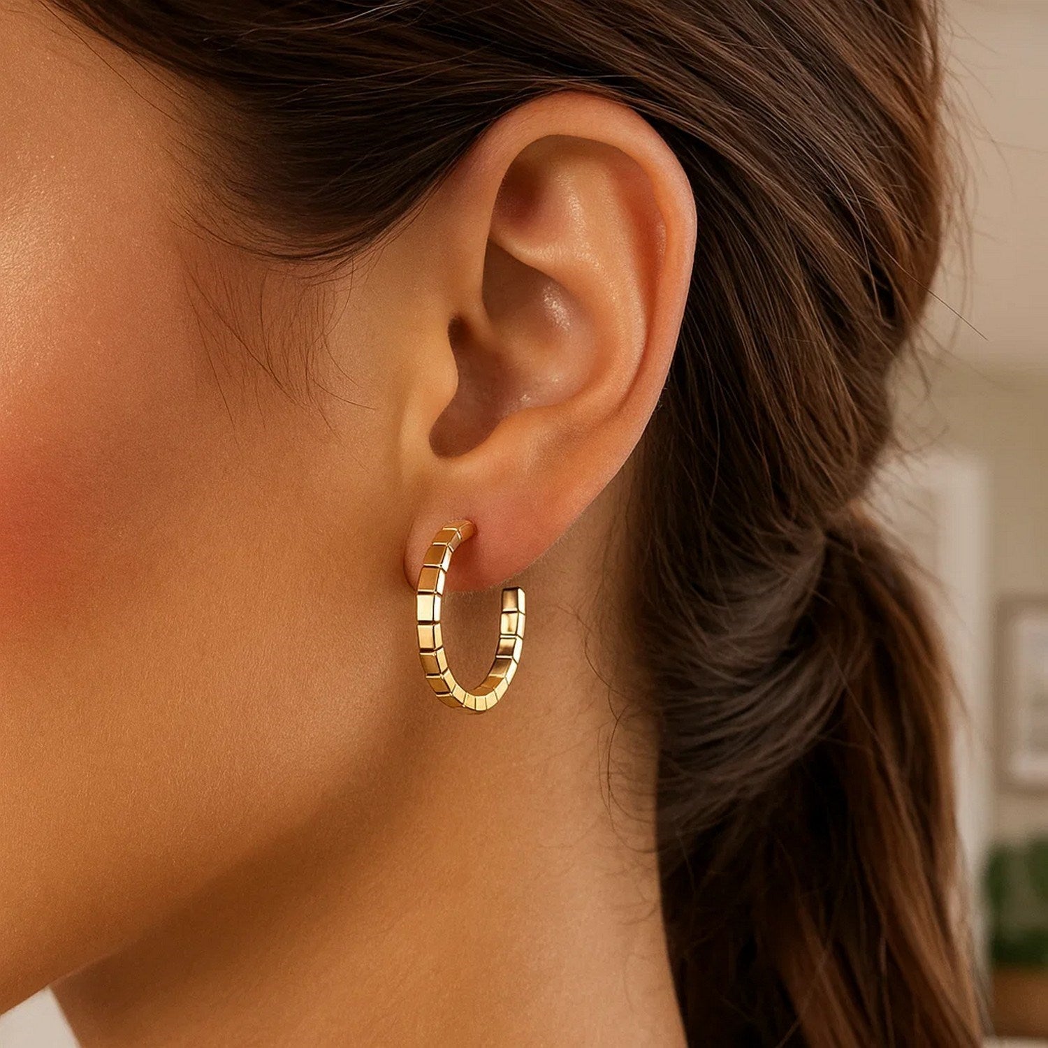 Brick Omega Hoop Earrings in 14K Yellow Gold