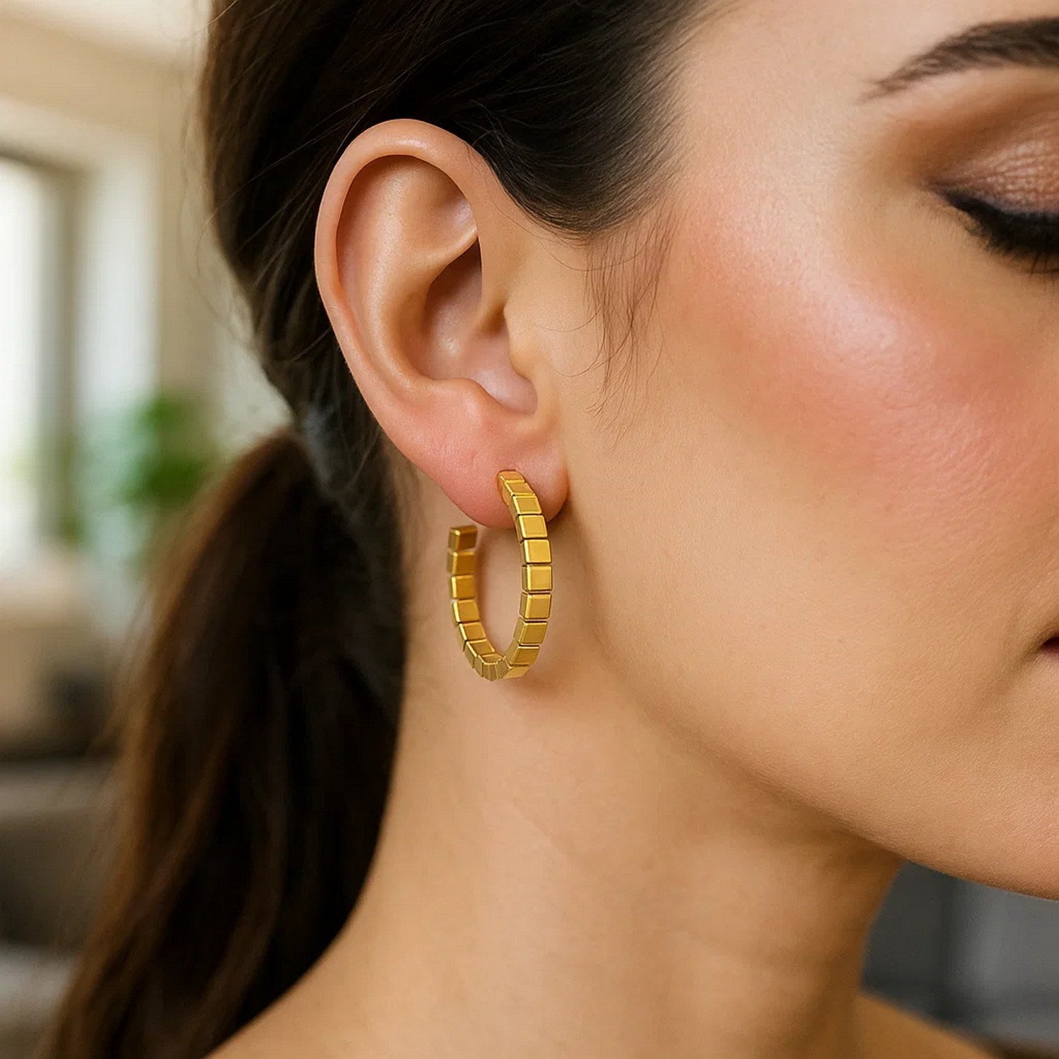Brick Omega Hoop Earrings in 14K Yellow Gold