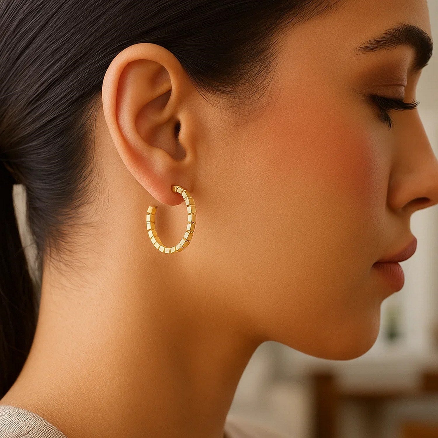 Brick Omega Hoop Earrings in 14K Yellow Gold