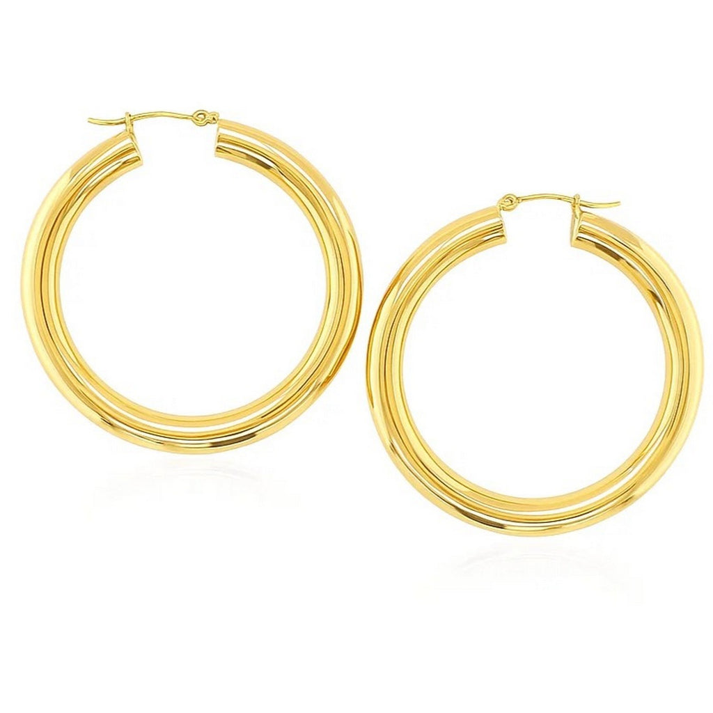 Polished 40mm 14K yellow gold hoops, front view
