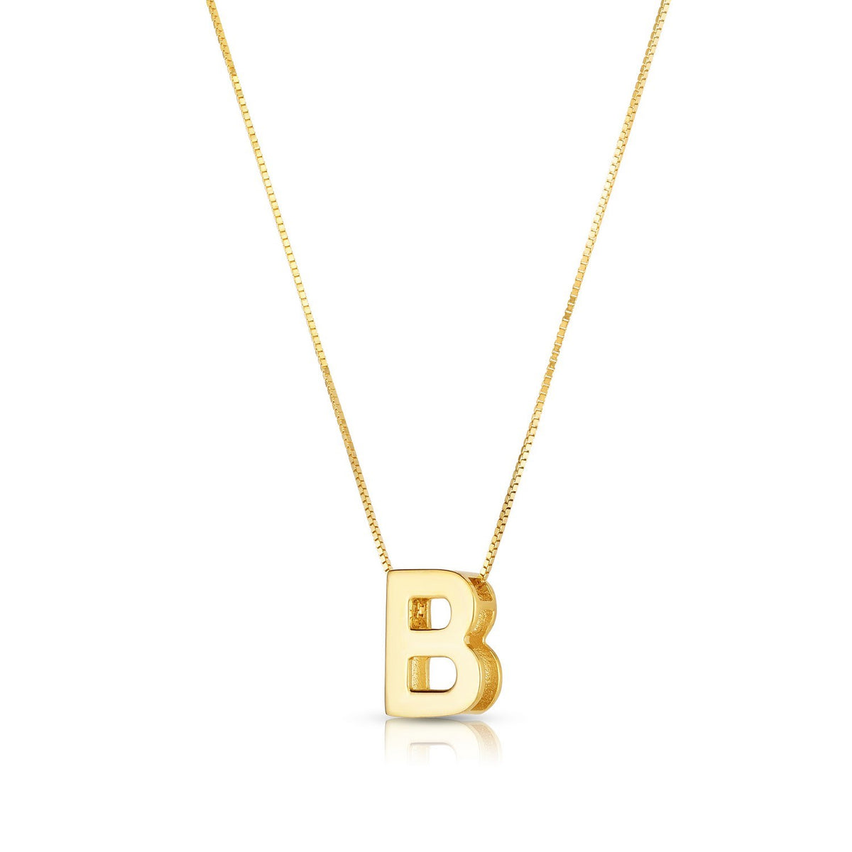 Block letter B in polished 14K yellow gold, angled to show its depth, on a box chain
