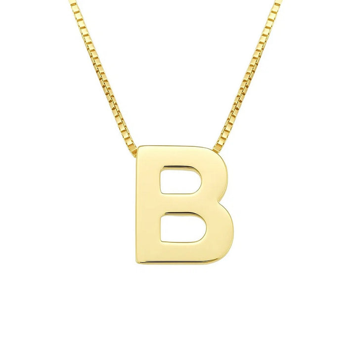 Front view of the polished block letter B in 14K yellow gold on a box chain