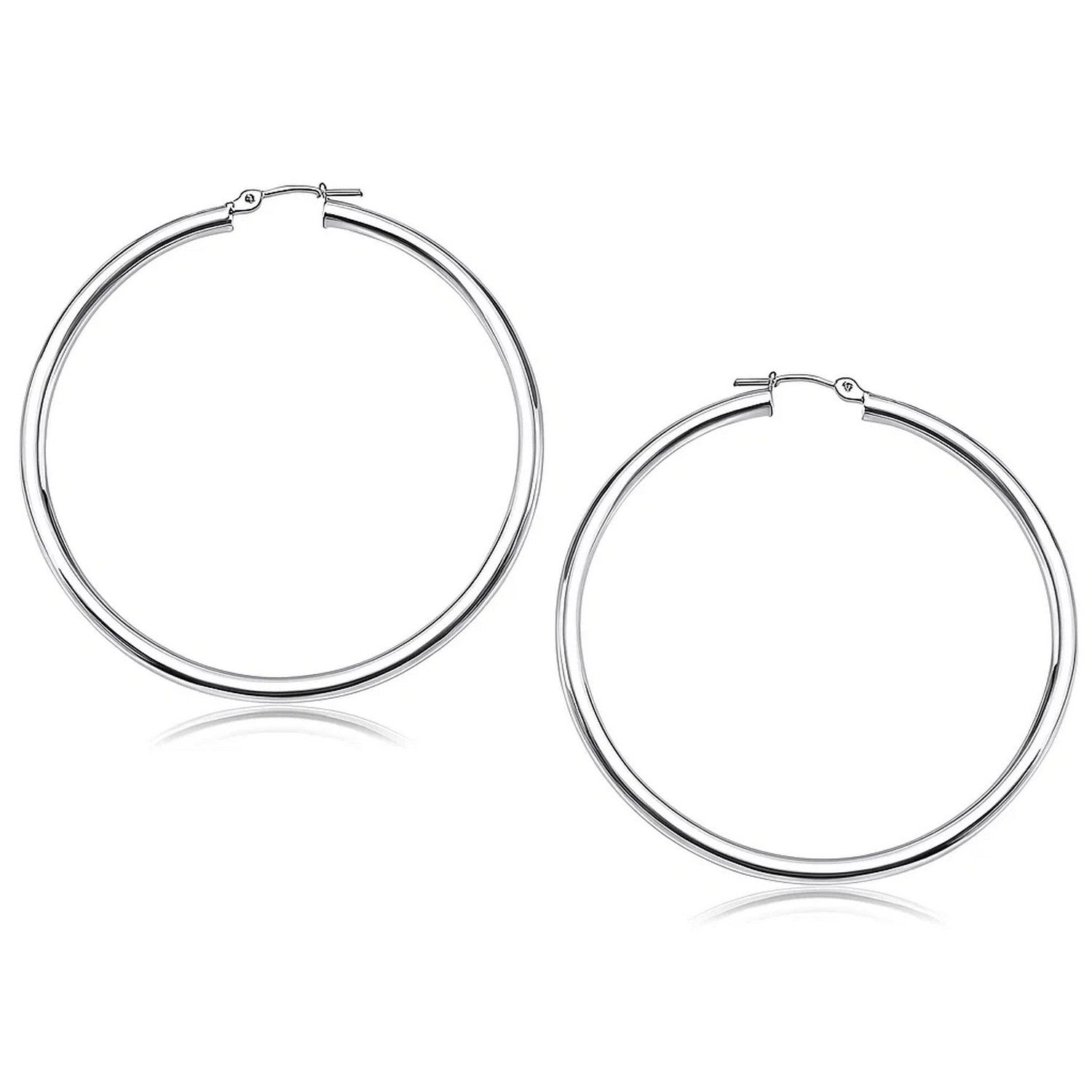Classic Polished Hoop Earrings in 14K White Gold, 3x50mm