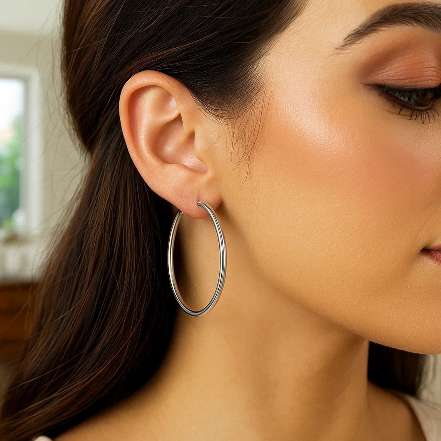 Classic Polished Hoop Earrings in 14K White Gold, 3x50mm