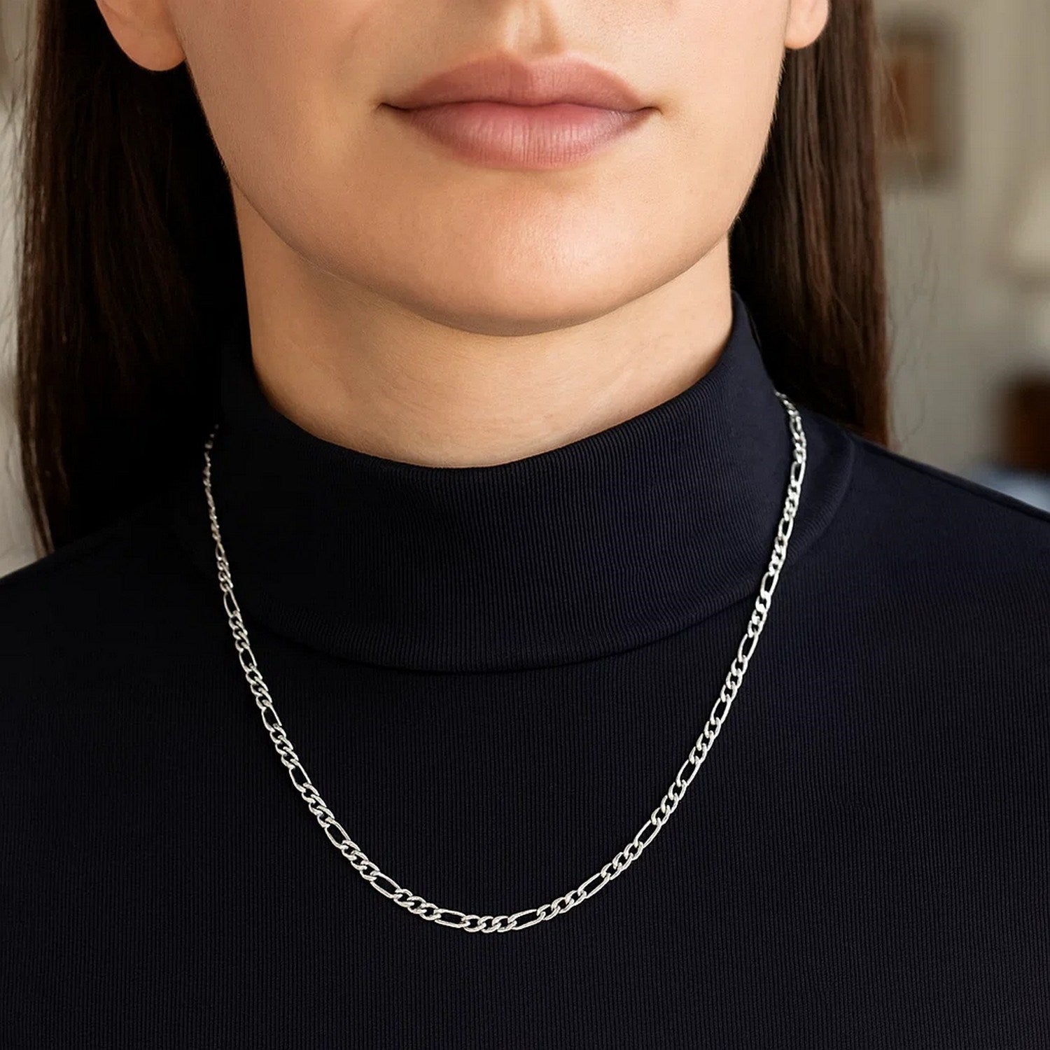 Solid Figaro chain necklace in 14K white gold, 3.00mm