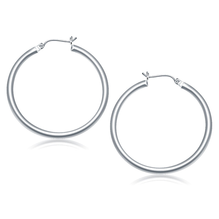Polished 40mm hoop earrings in 14K white gold, 3mm wide, front view of the pair