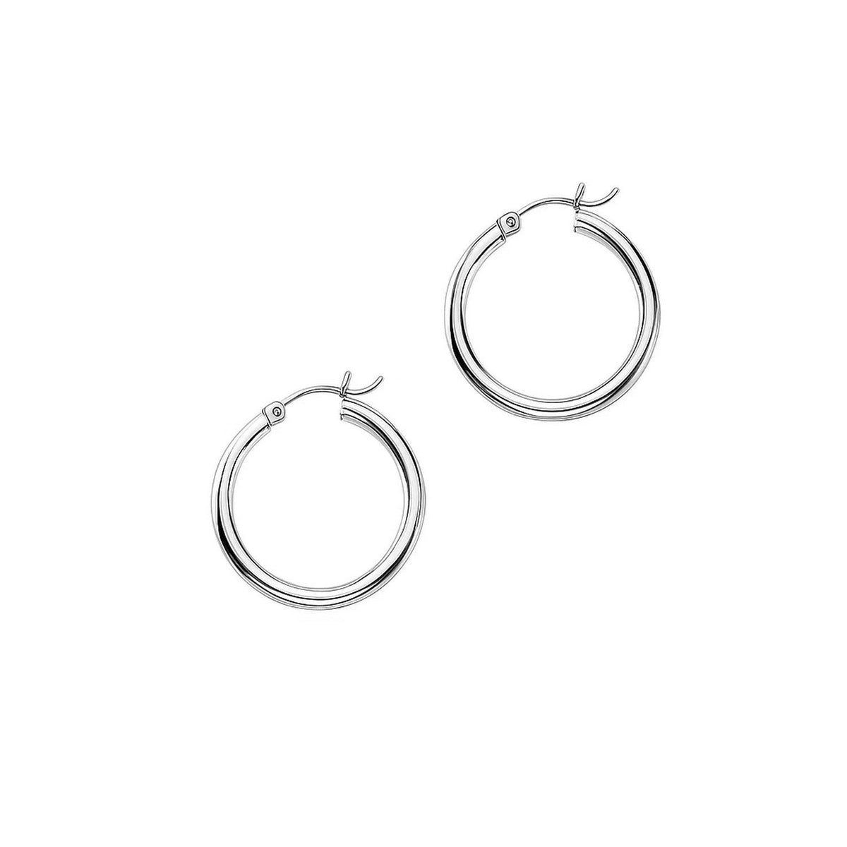 Polished 20mm hoop earrings in 14K white gold, front view of the pair
