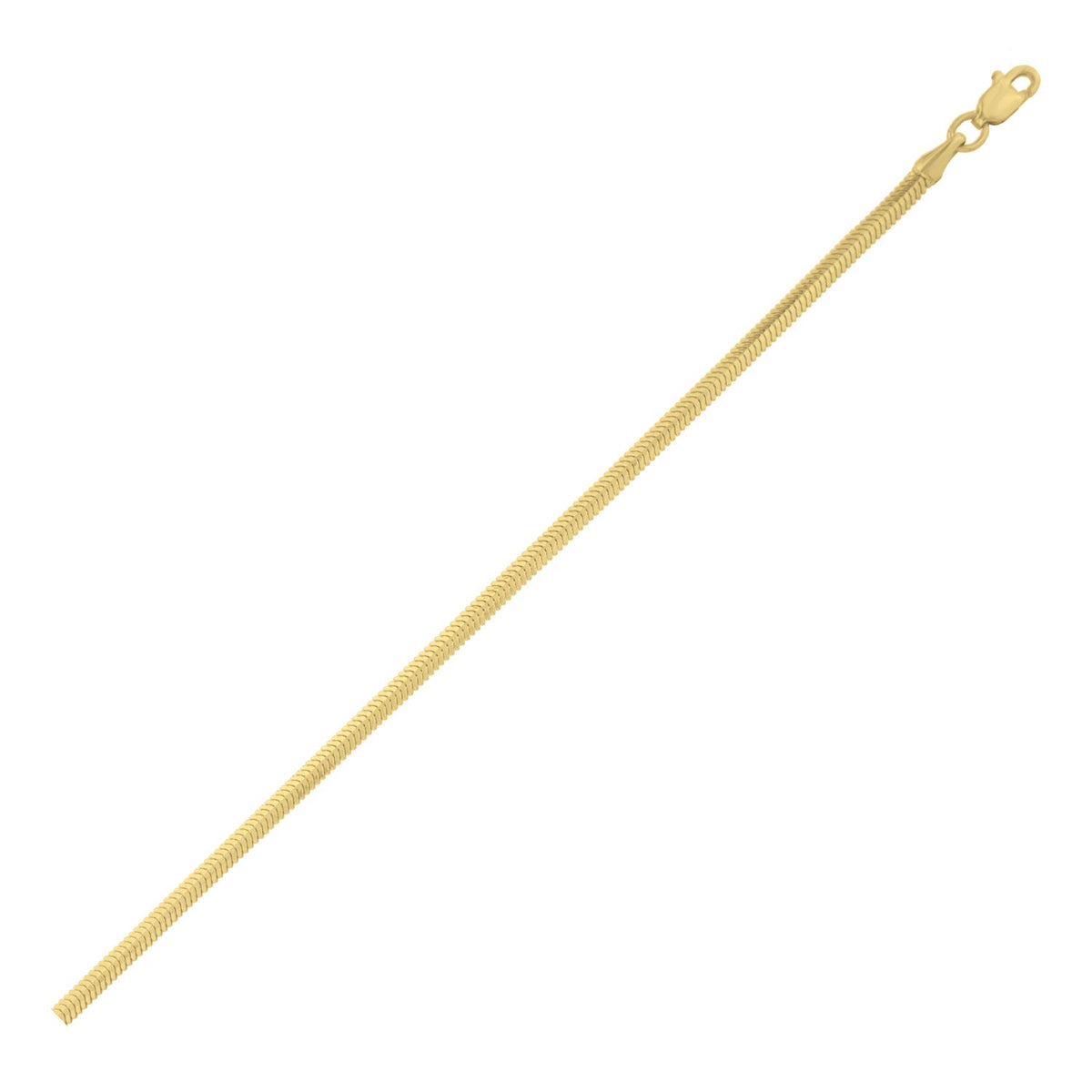 Oval snake chain in 14K yellow gold, 2.60mm, with a close-up of the smooth surface