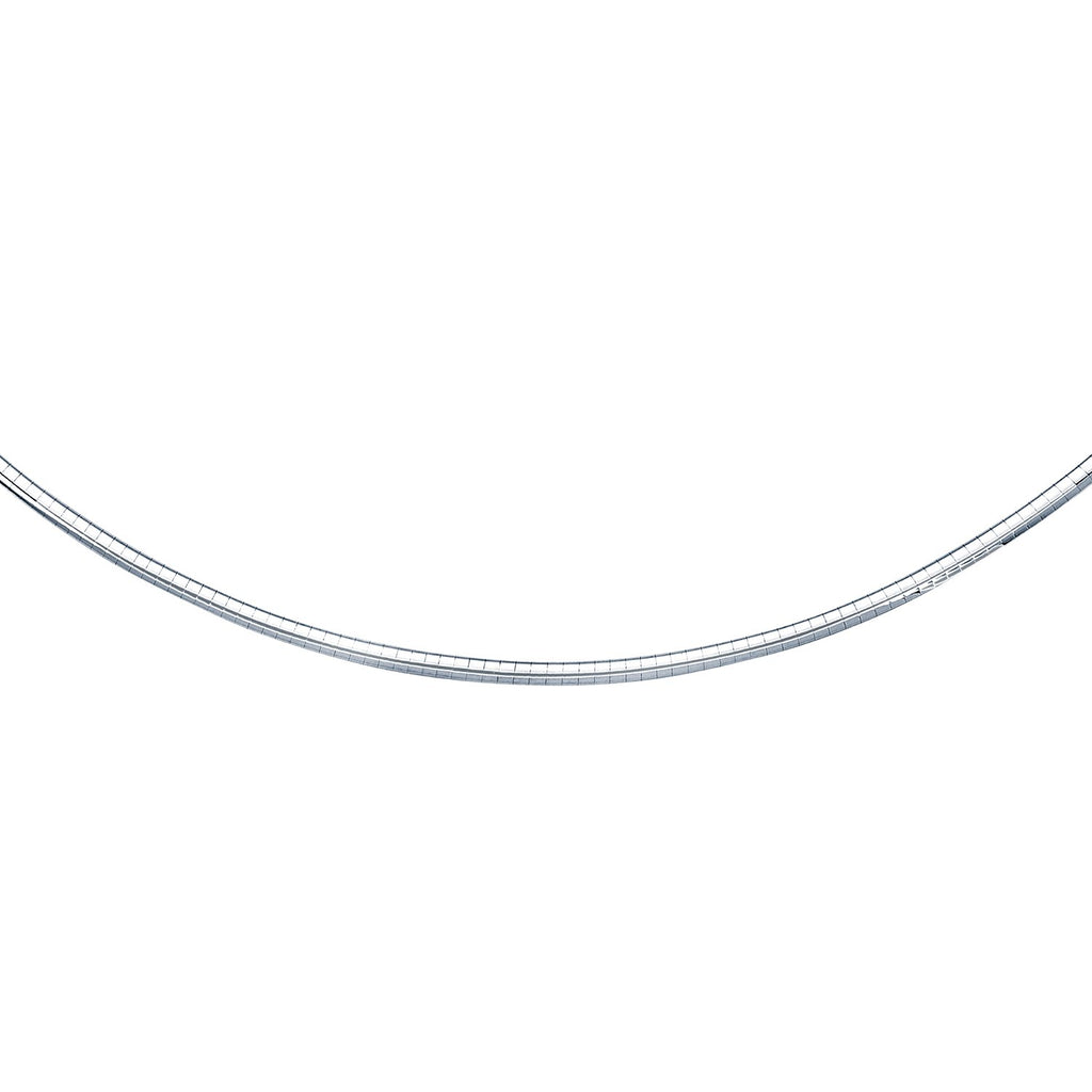 Classic omega chain in 14K white gold, 3.00mm, laid in a shallow curve