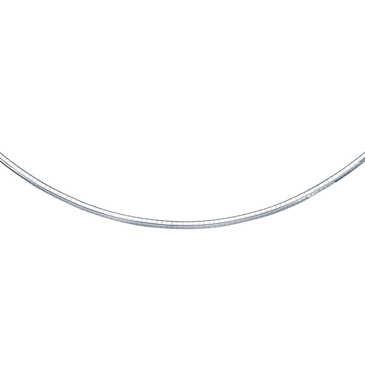Classic omega chain in 14K white gold, 3.00mm, laid in a shallow curve