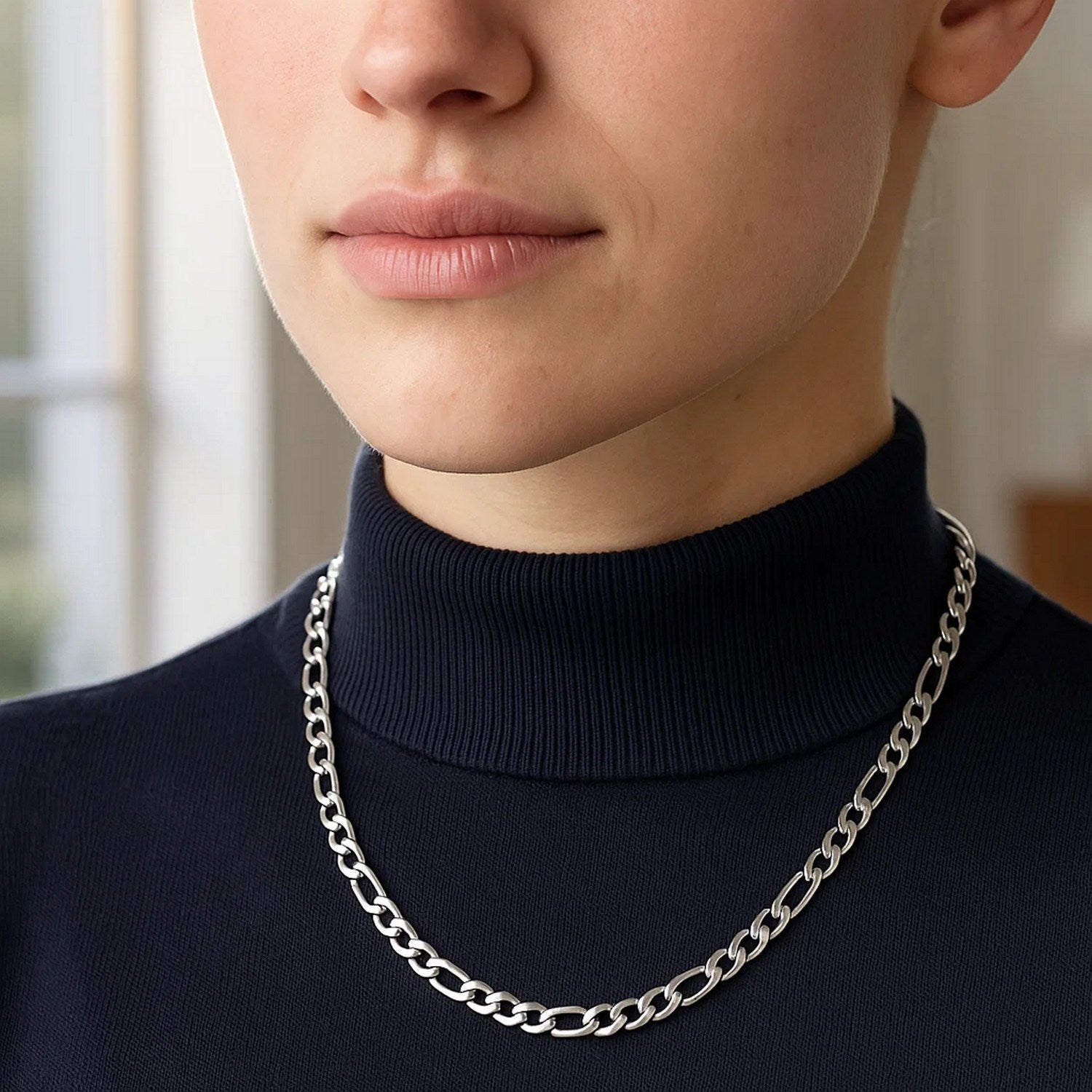 Solid Figaro chain necklace in 14K white gold, 6.00mm — worn detail