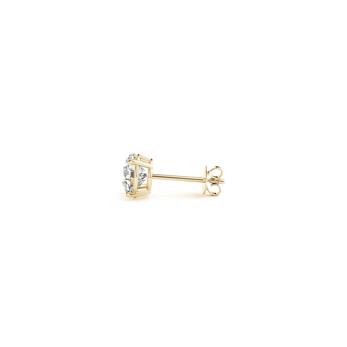Side profile of 1.00 ct lab-grown diamond stud earrings in 14K yellow gold, four-prong setting — DEEVE