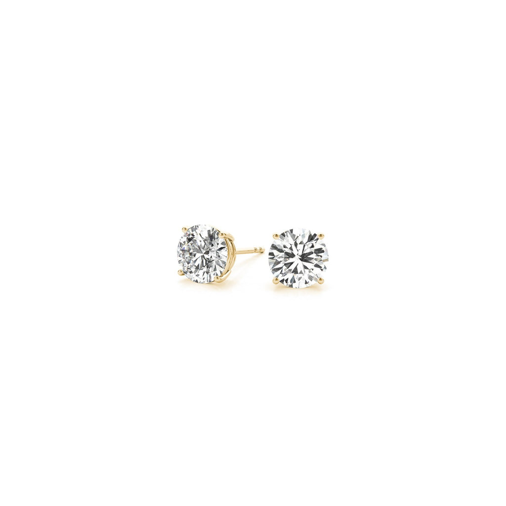 Angled view of 1.00 ct IGI certified round-cut lab-grown diamond stud earrings in 14K yellow gold — DEEVE