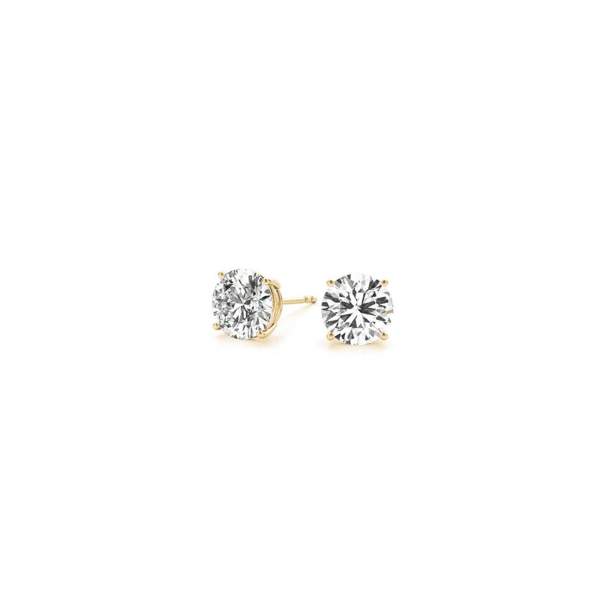 Angled view of 1.00 ct IGI certified round-cut lab-grown diamond stud earrings in 14K yellow gold — DEEVE