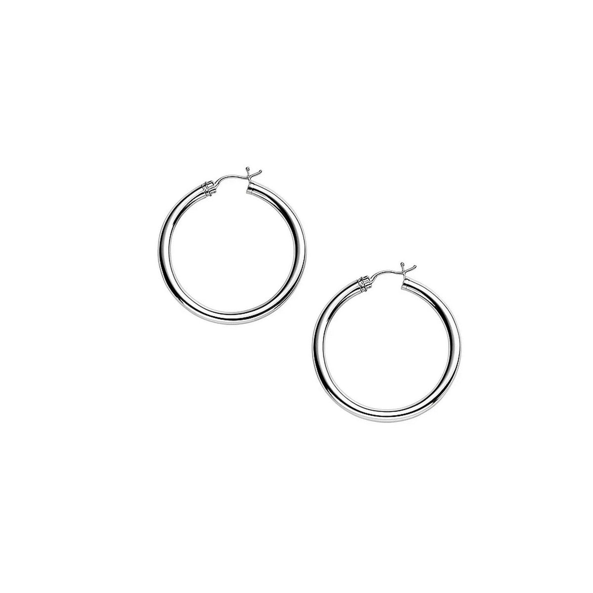 Polished 30mm hoop earrings in 14K white gold, front view of the pair