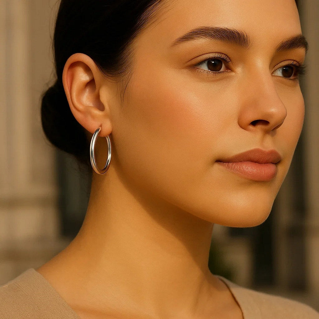 30mm 14K white gold hoop worn, three-quarter view