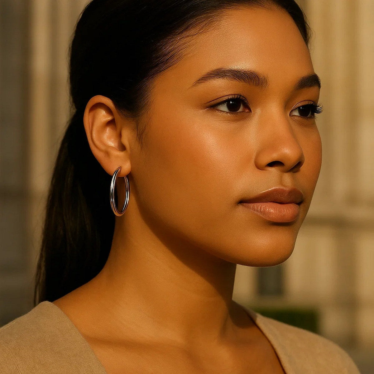 30mm 14K white gold hoop worn with hair pulled back