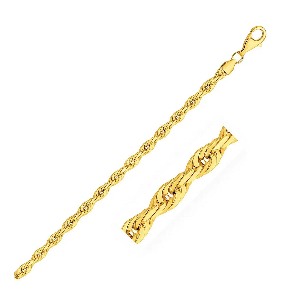 4.00mm rope chain in 14K yellow gold laid straight with a close-up of the twist