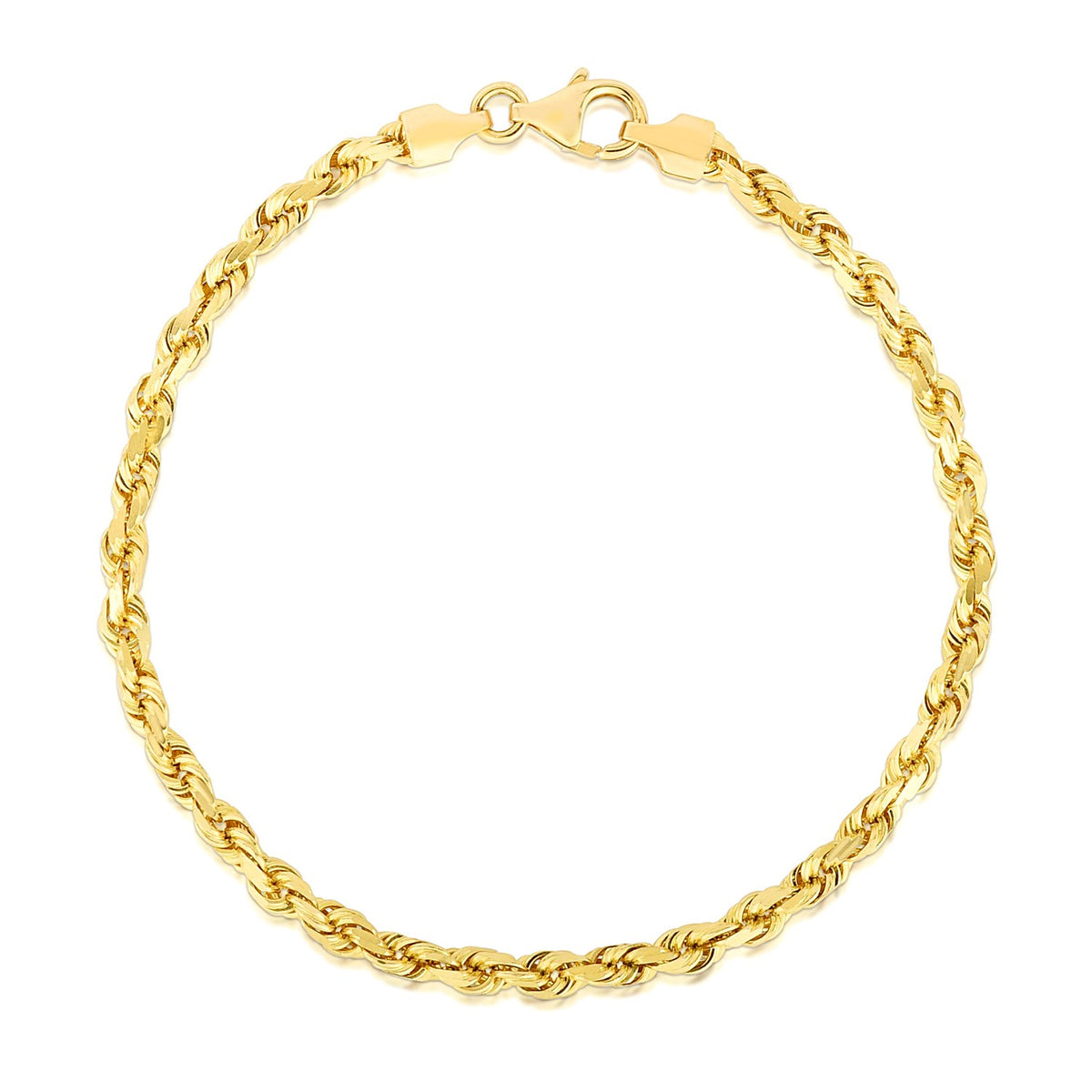 Diamond-cut rope bracelet in 14K yellow gold, 4.00mm, closed in a round with lobster clasp and end caps