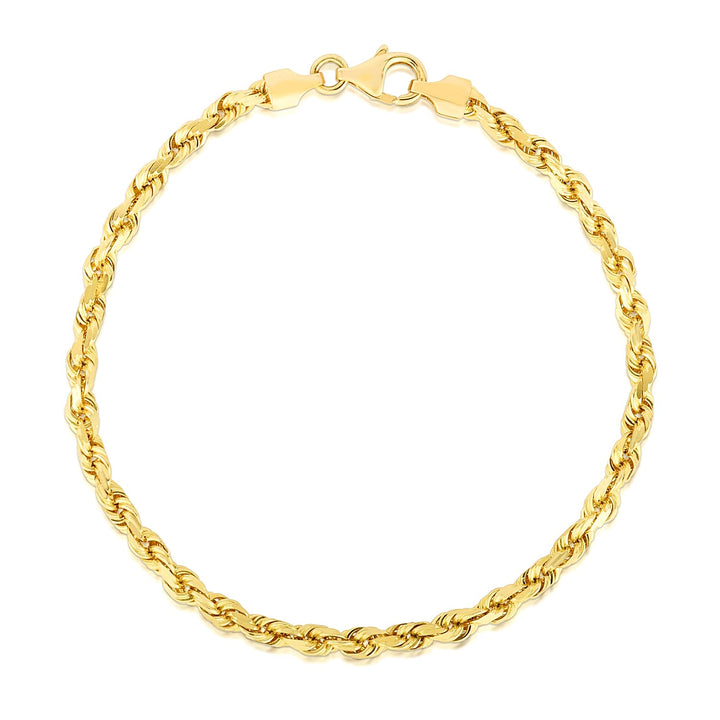 Diamond-cut rope bracelet in 14K yellow gold, 4.00mm, closed in a round with lobster clasp and end caps
