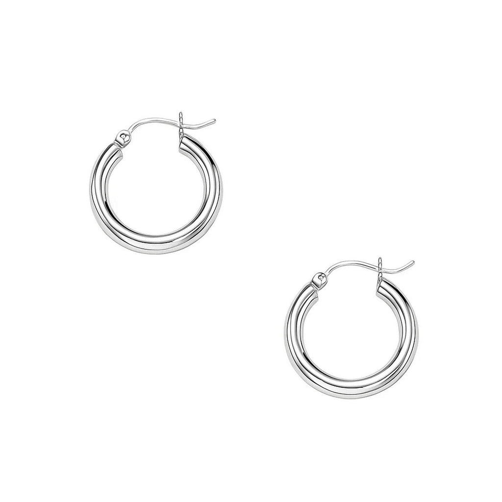Polished 15mm hoop earrings in 14K white gold, 3mm wide, front view of the pair