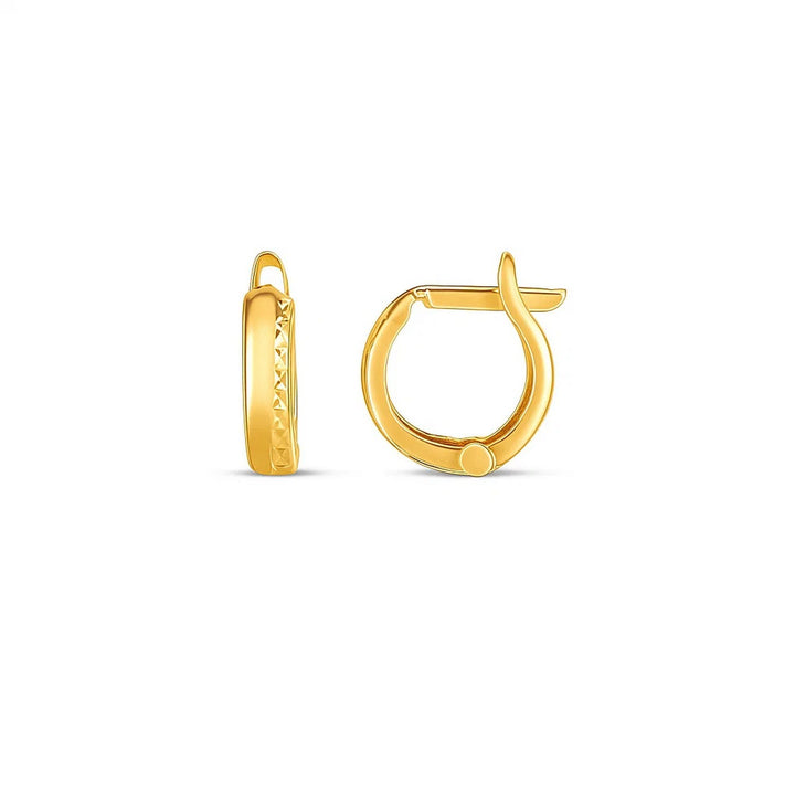 Textured huggie hoop earrings in 14K yellow gold, side and front view