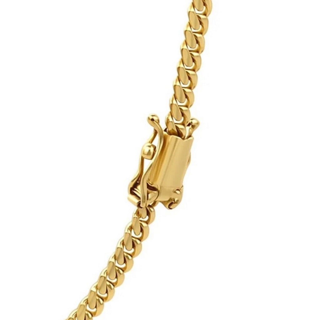 Box clasp with a safety latch on each side, 4.0mm solid Miami Cuban chain in 14K yellow gold