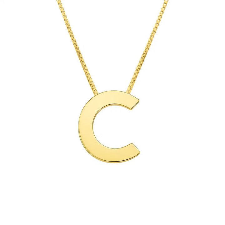 Front view of the polished block letter C in 14K yellow gold on a box chain