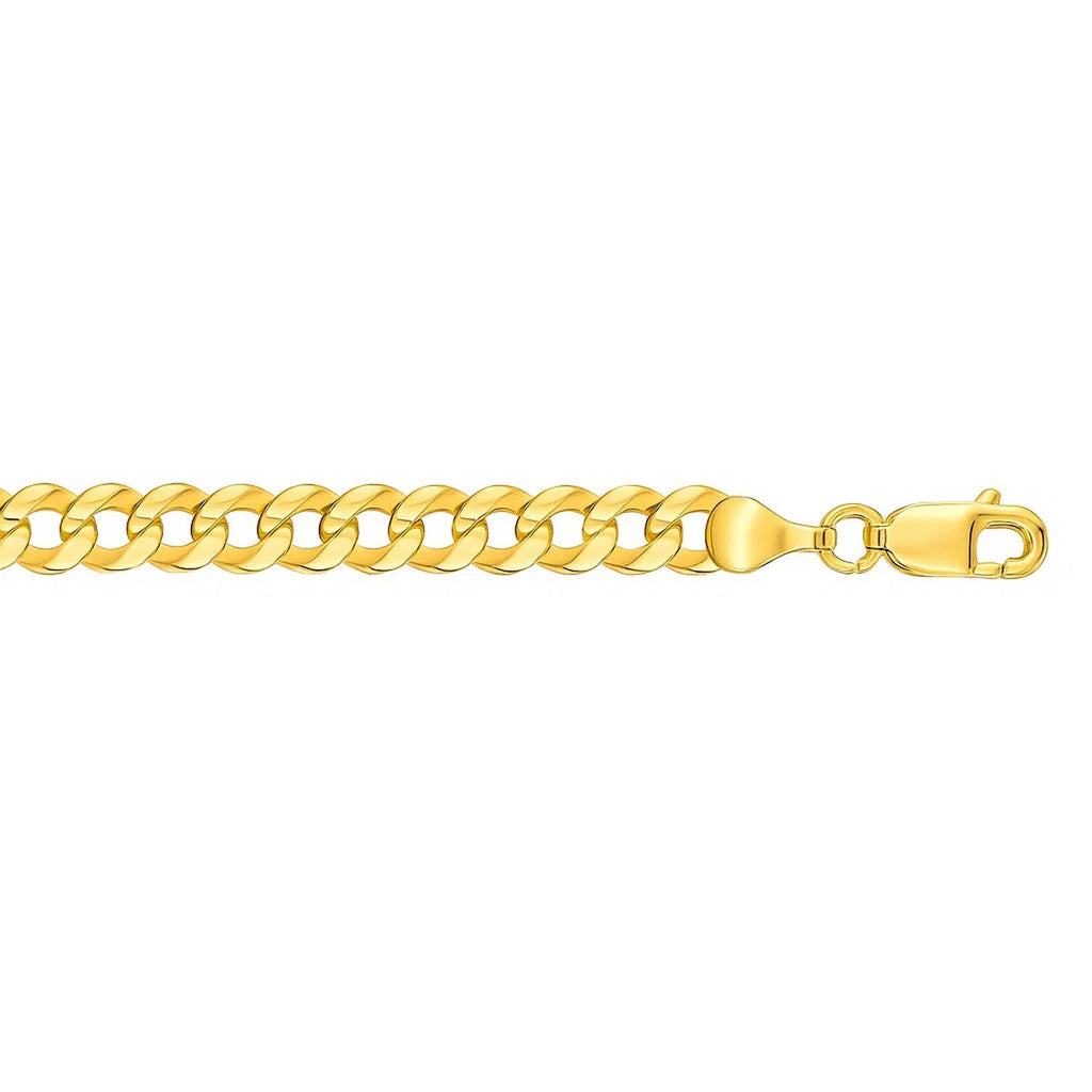 Curb bracelet in 14K yellow gold laid straight, lobster clasp and end cap at the end