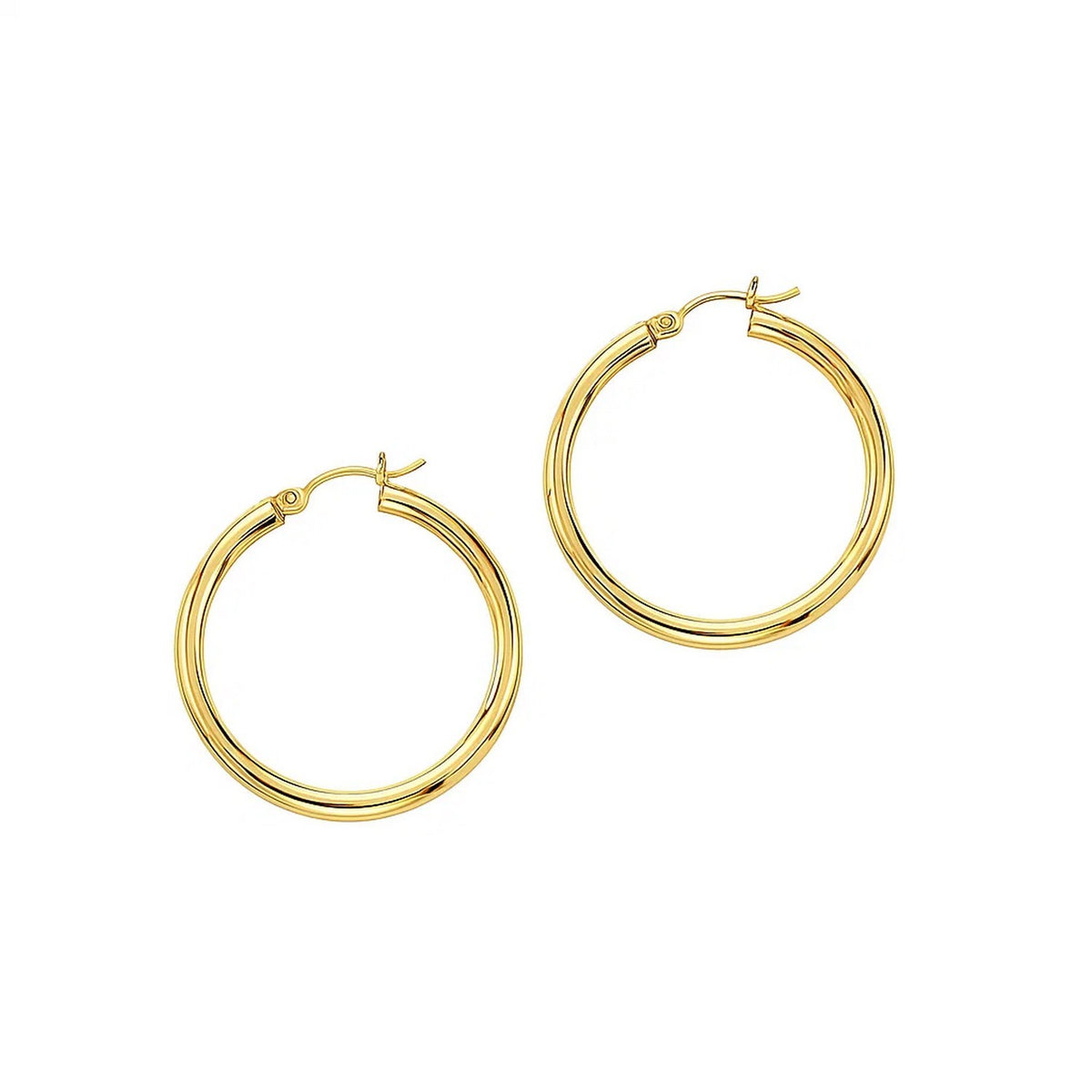 Polished 30mm hoop earrings in 14K yellow gold, 3mm wide, front view of the pair