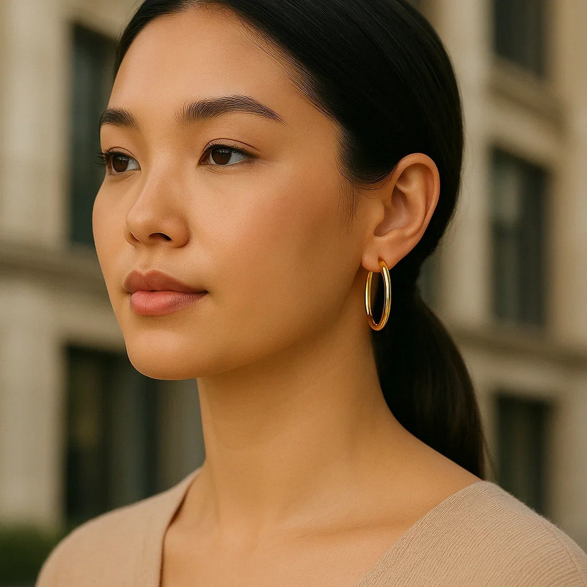 30mm 14K yellow gold hoop worn, three-quarter view