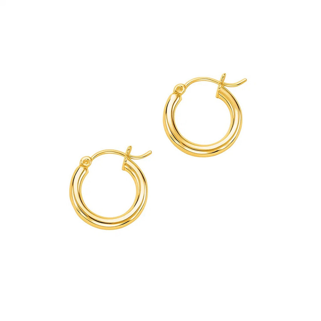 Polished 15mm hoop earrings in 14K yellow gold, 3mm wide, front view of the pair