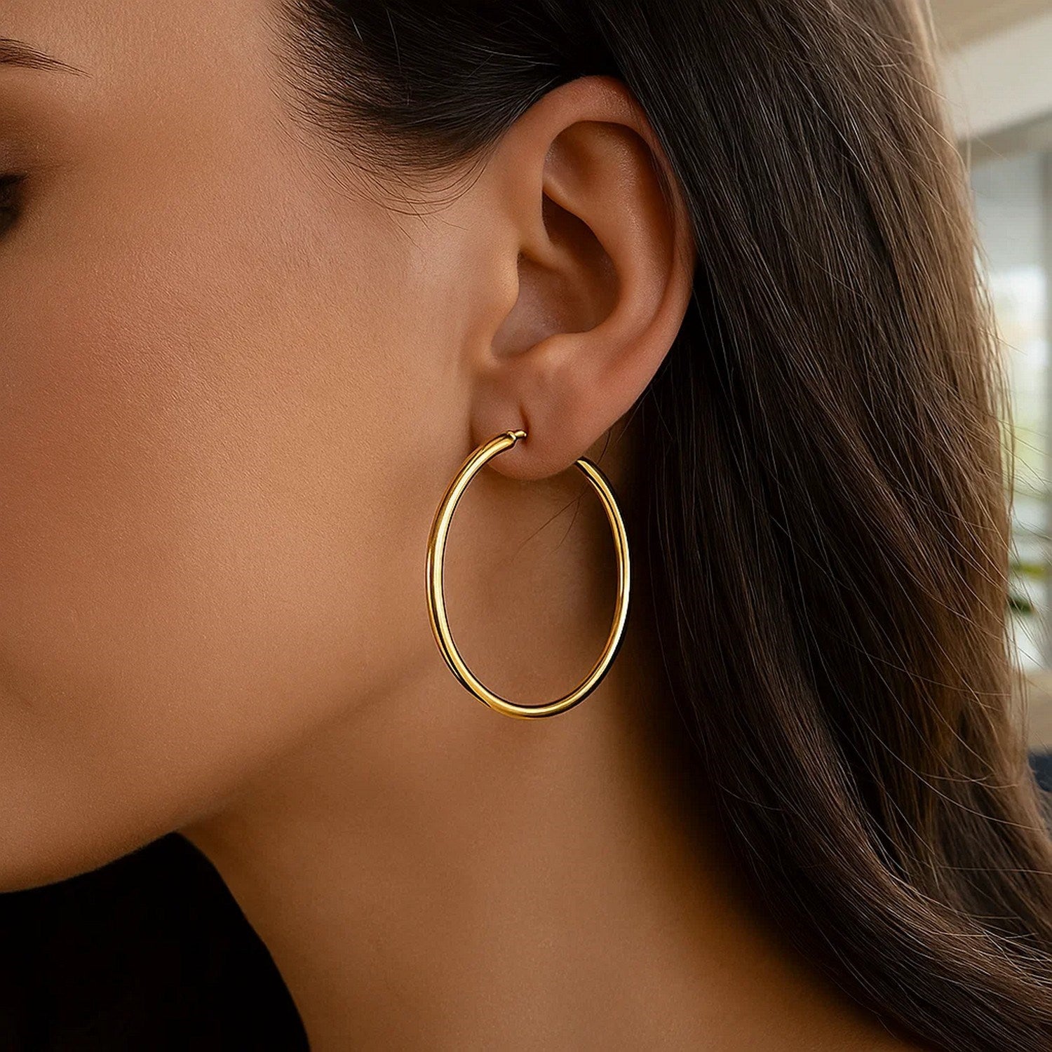 Classic Polished Hoop Earrings in 14K Gold | 3x50mm