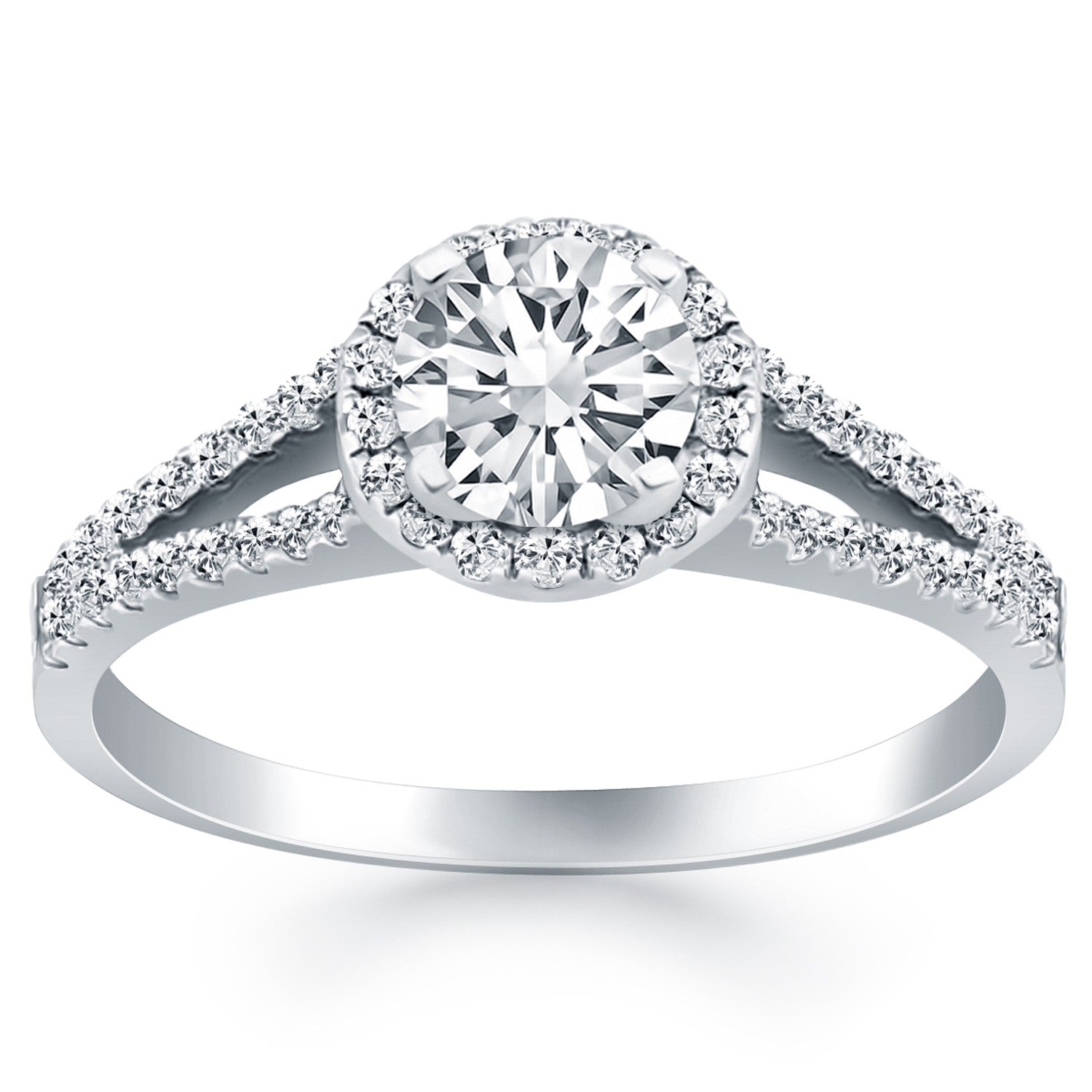 Round Cut Diamond Halo Engagement Ring in 14K White Gold | Split Shank