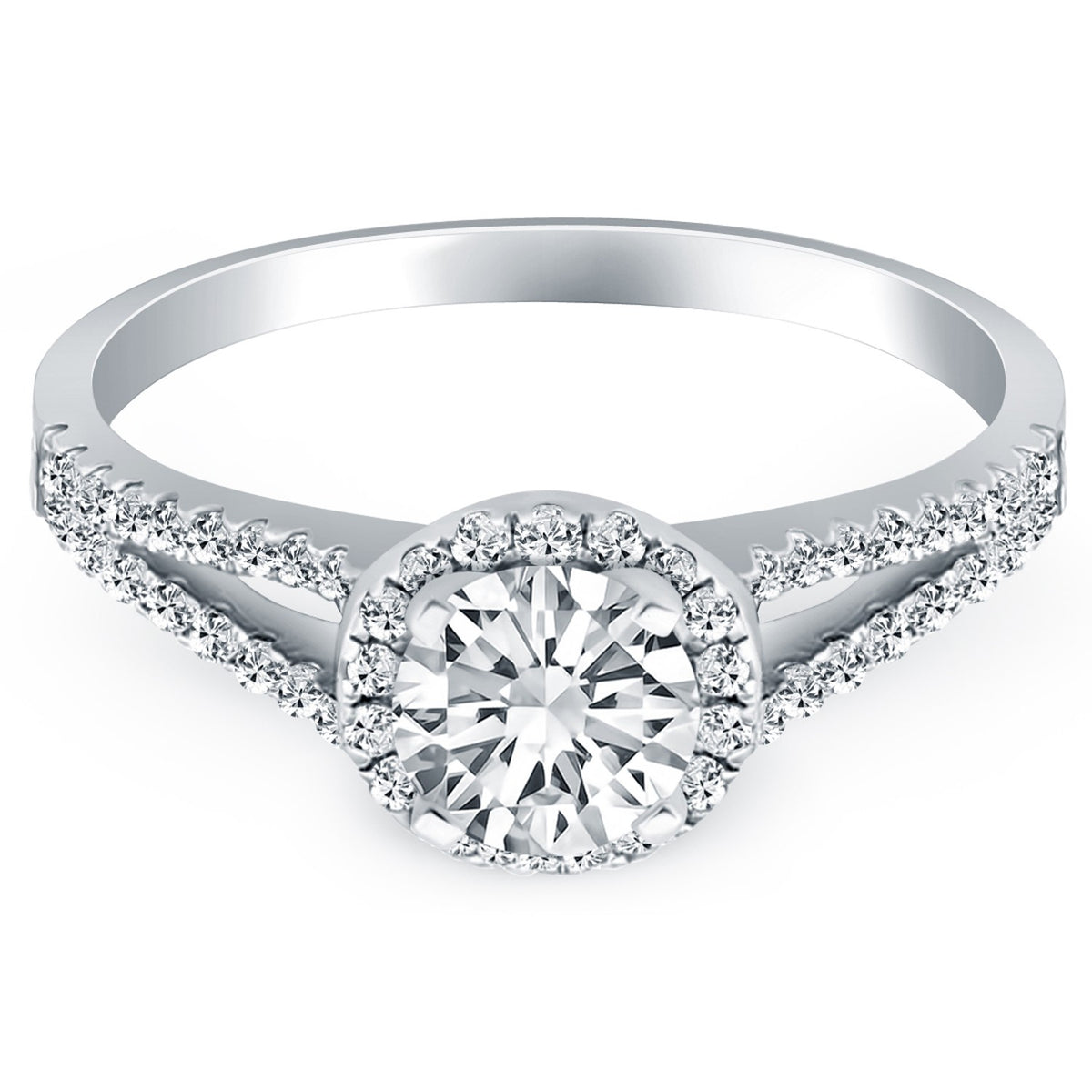 Round Cut Diamond Halo Engagement Ring in 14K White Gold | Split Shank