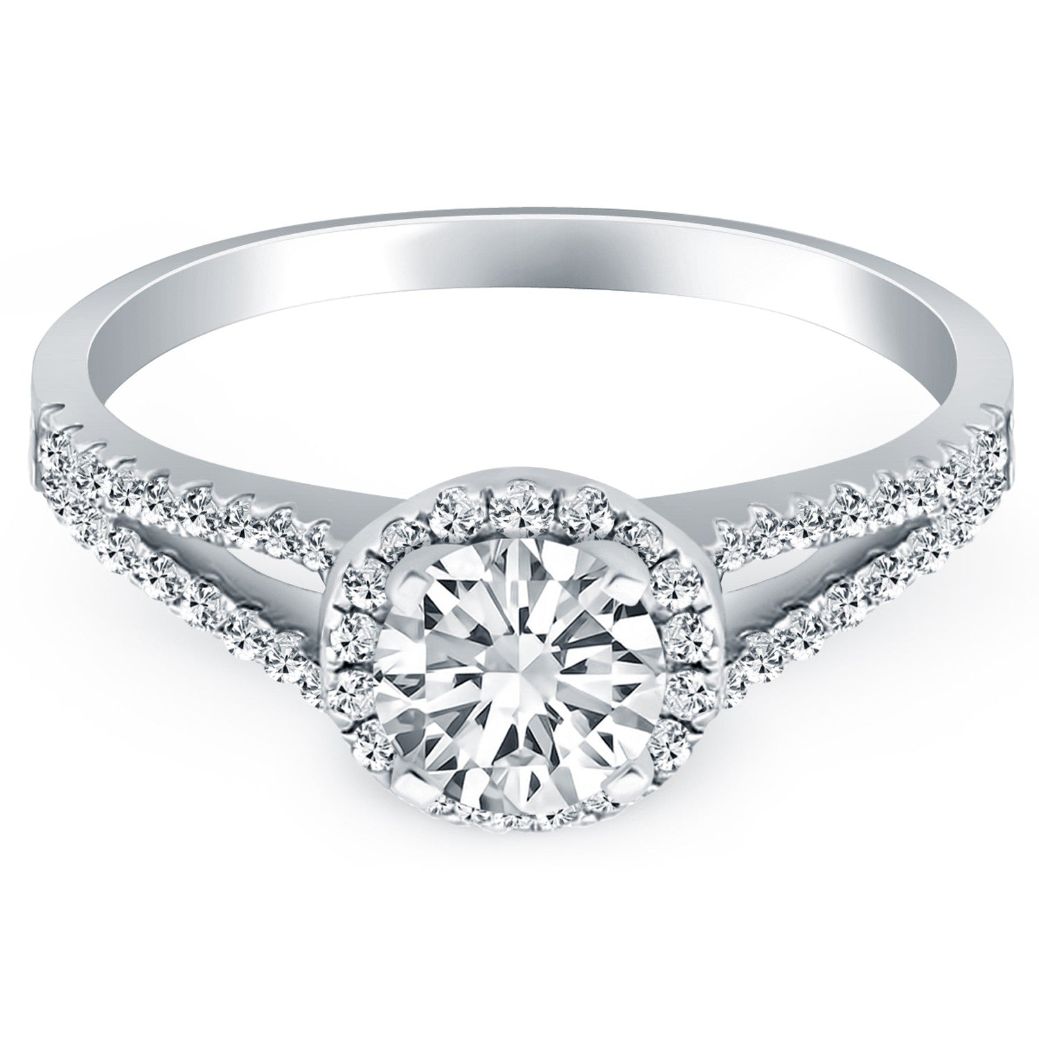 Round Cut Diamond Halo Engagement Ring in 14K White Gold | Split Shank