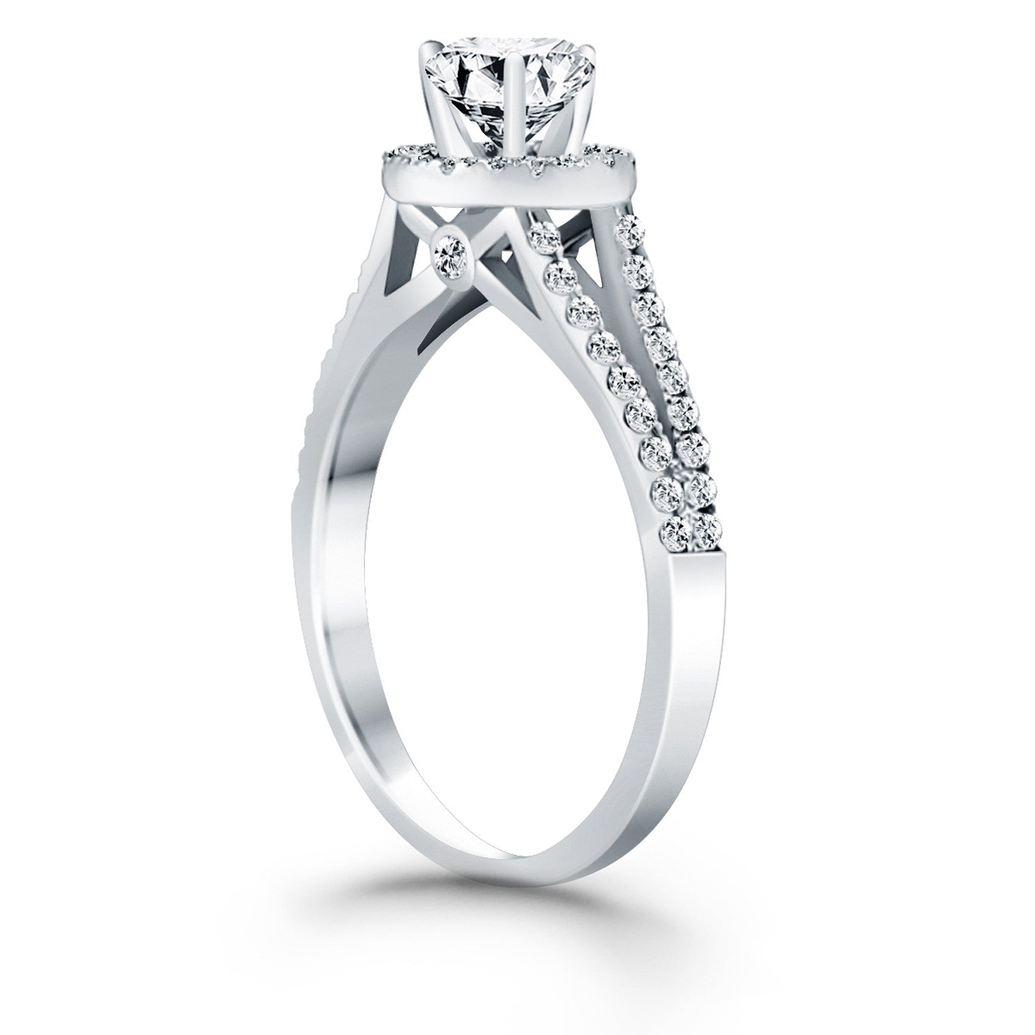 Round Cut Diamond Halo Engagement Ring in 14K White Gold | Split Shank