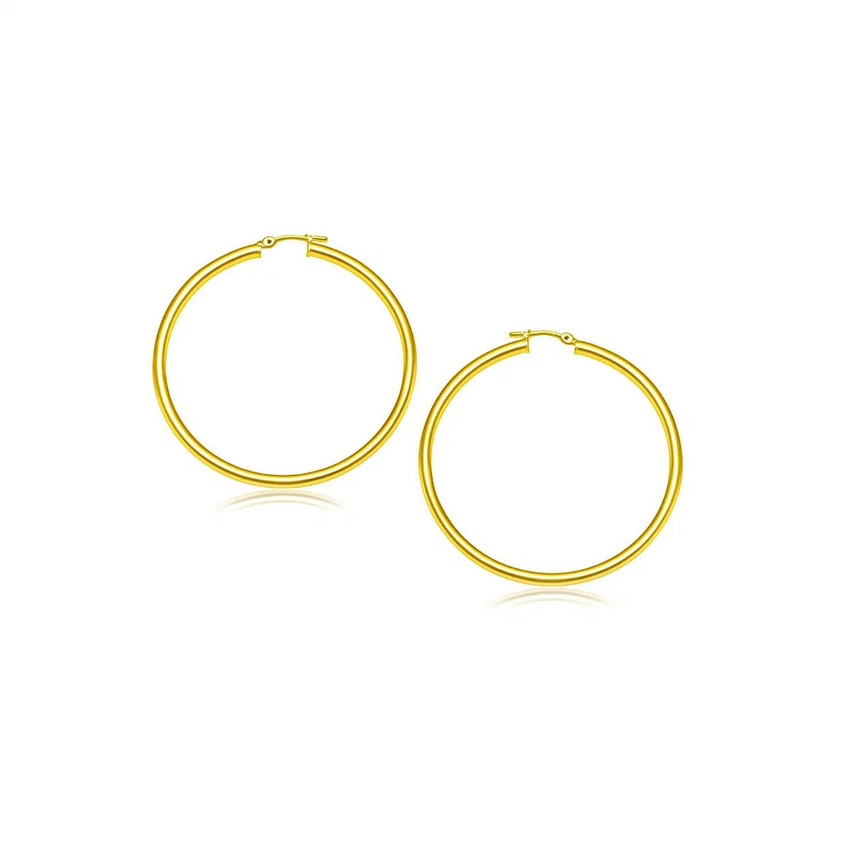 Polished 20mm hoop earrings in 14K yellow gold, 3mm wide, front view of the pair