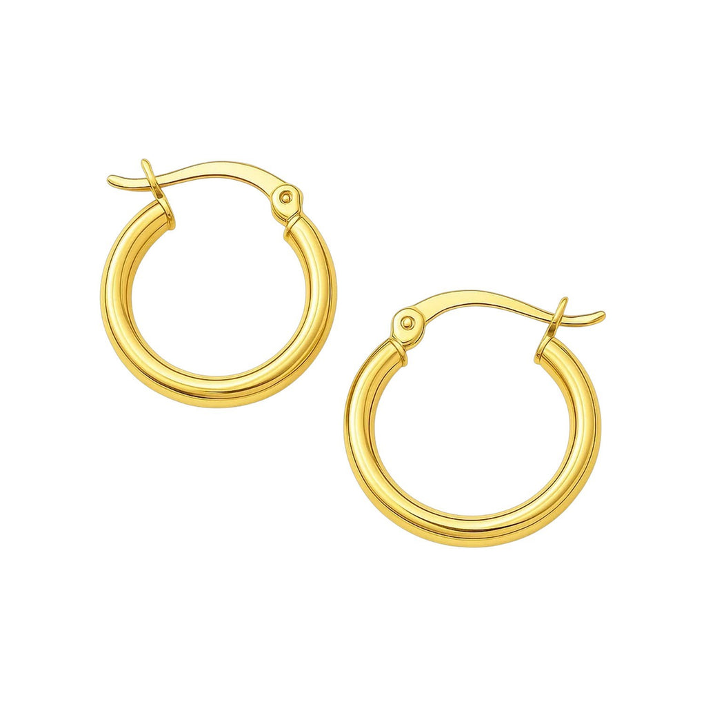 Polished 15mm hoops in 14K yellow gold, second view of the pair