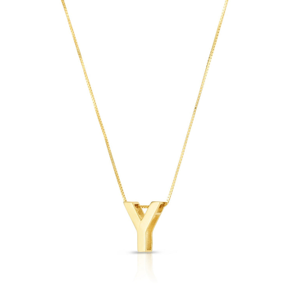Block letter Y in polished 14K yellow gold, angled to show its depth, on a box chain
