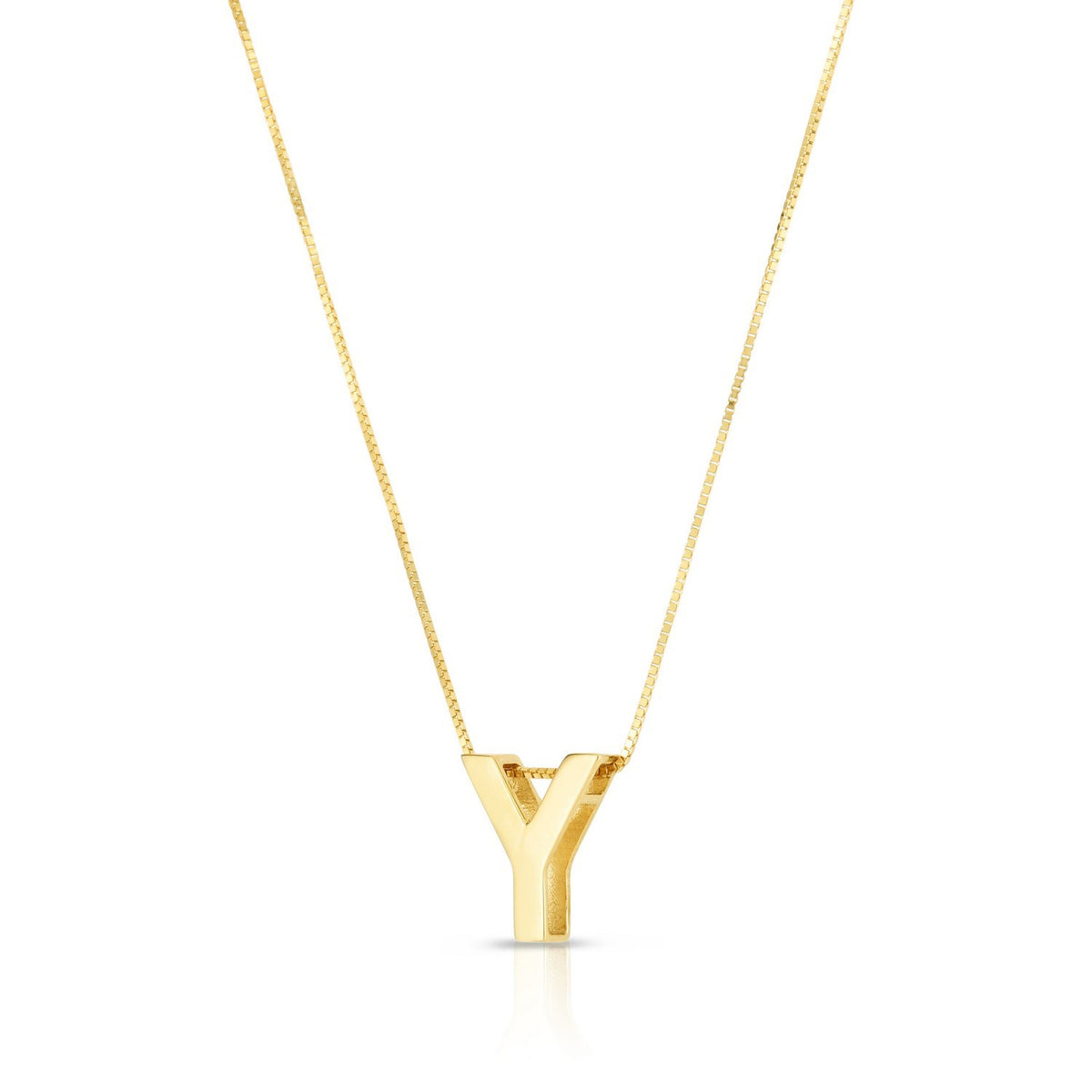 Block letter Y in polished 14K yellow gold, angled to show its depth, on a box chain