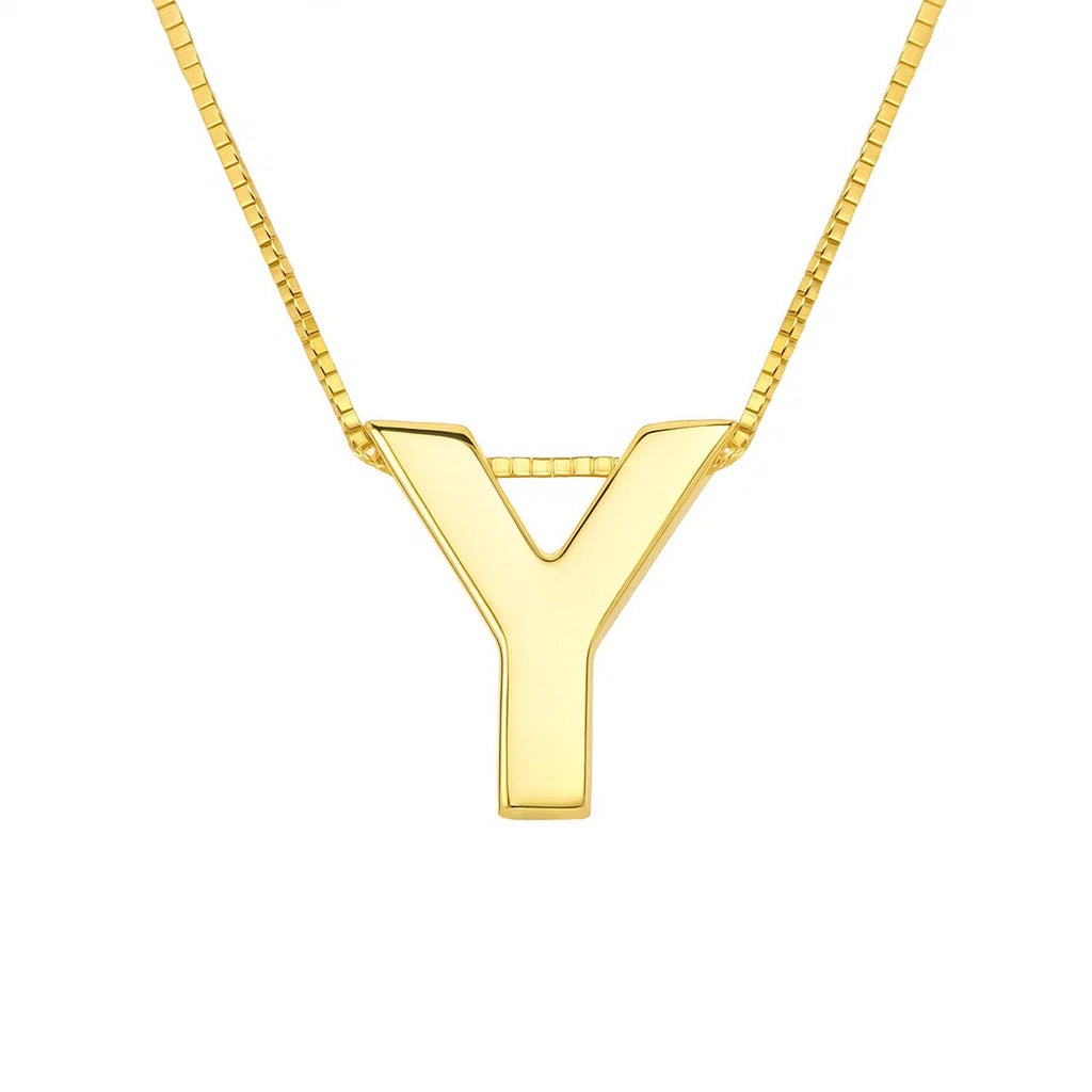 Front view of the polished block letter Y in 14K yellow gold on a box chain
