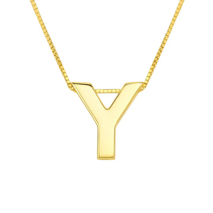 Front view of the polished block letter Y in 14K yellow gold on a box chain