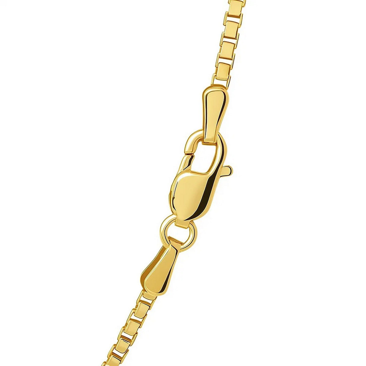 Lobster clasp on the 1.4mm box chain in 14K yellow gold