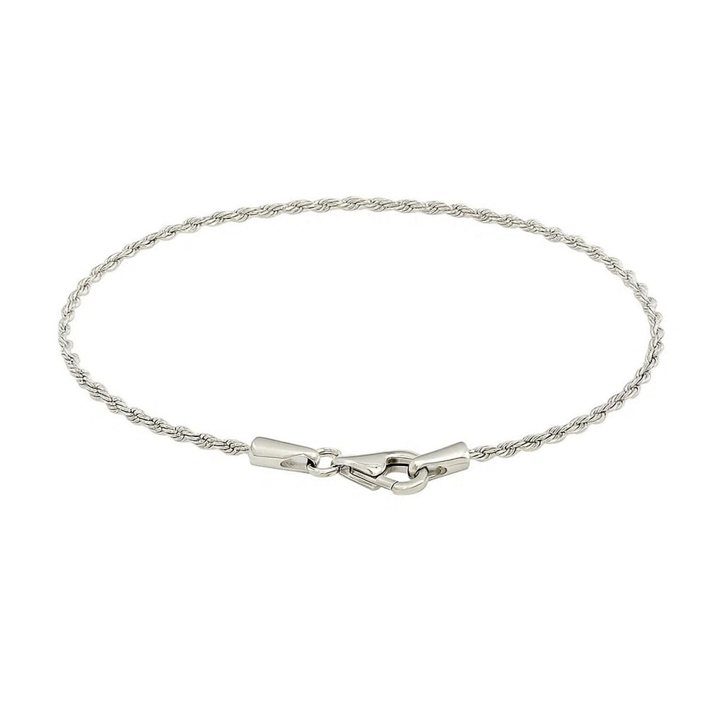 Lobster clasp and end caps on the 14K white gold rope bracelet