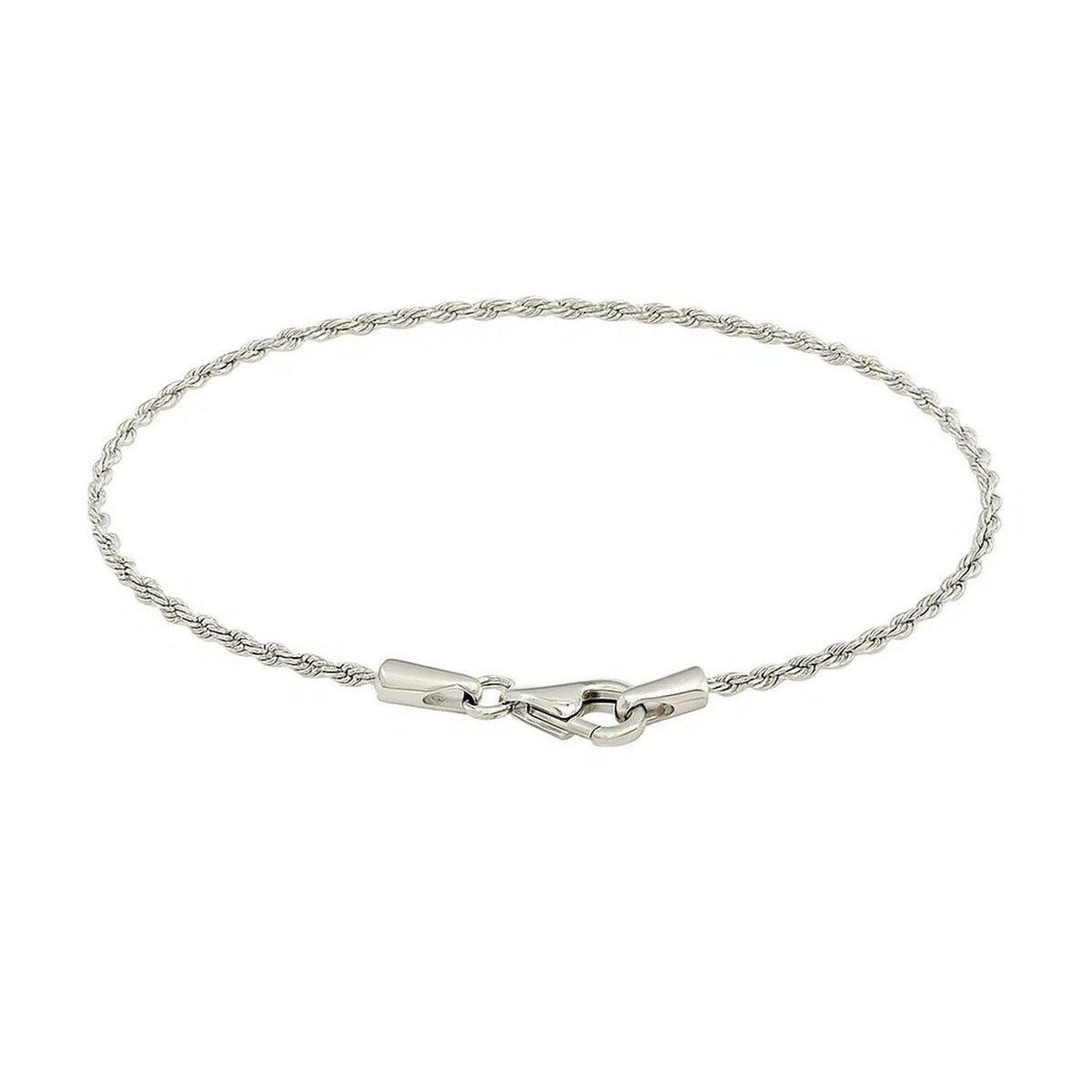 Lobster clasp and end caps on the 14K white gold rope bracelet