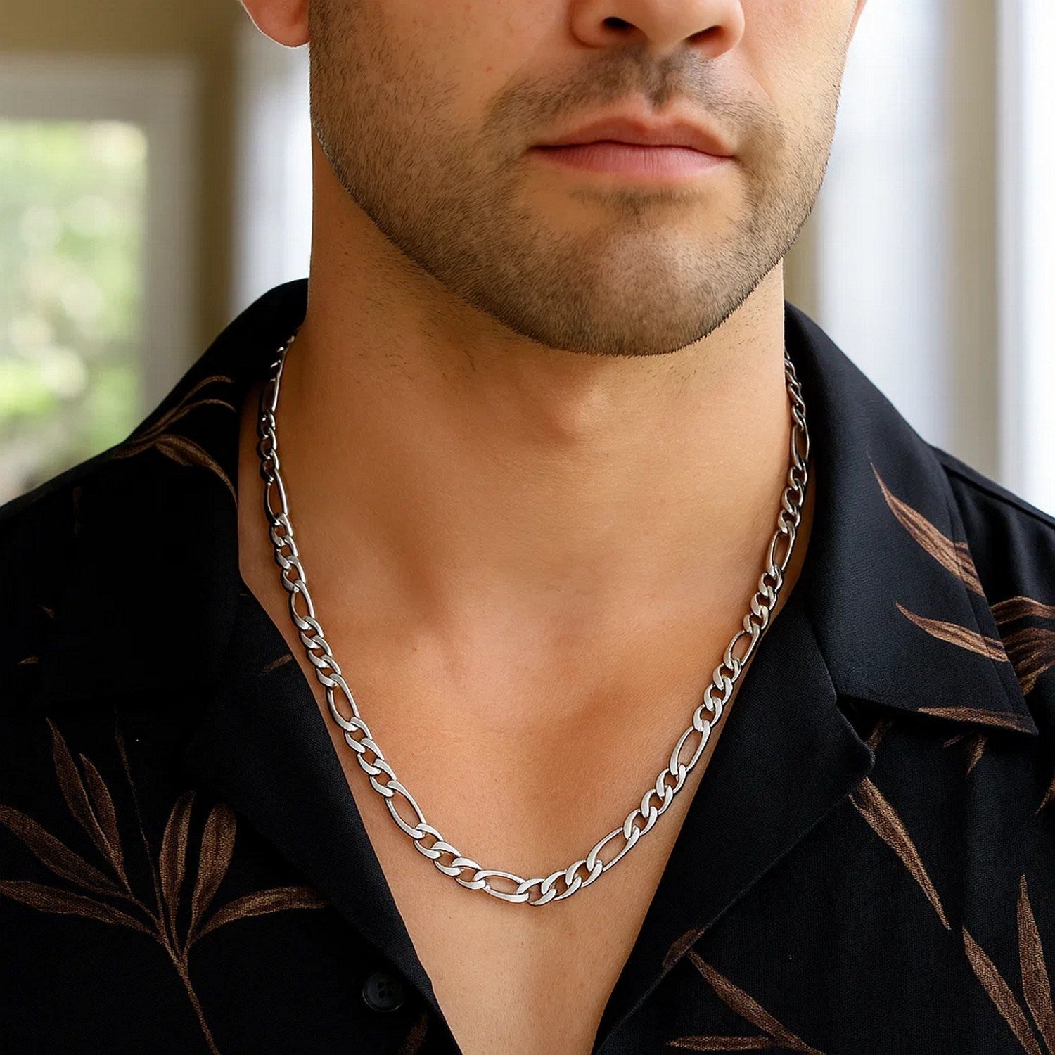 Solid Figaro chain necklace in 14K white gold, 4.50mm — worn detail