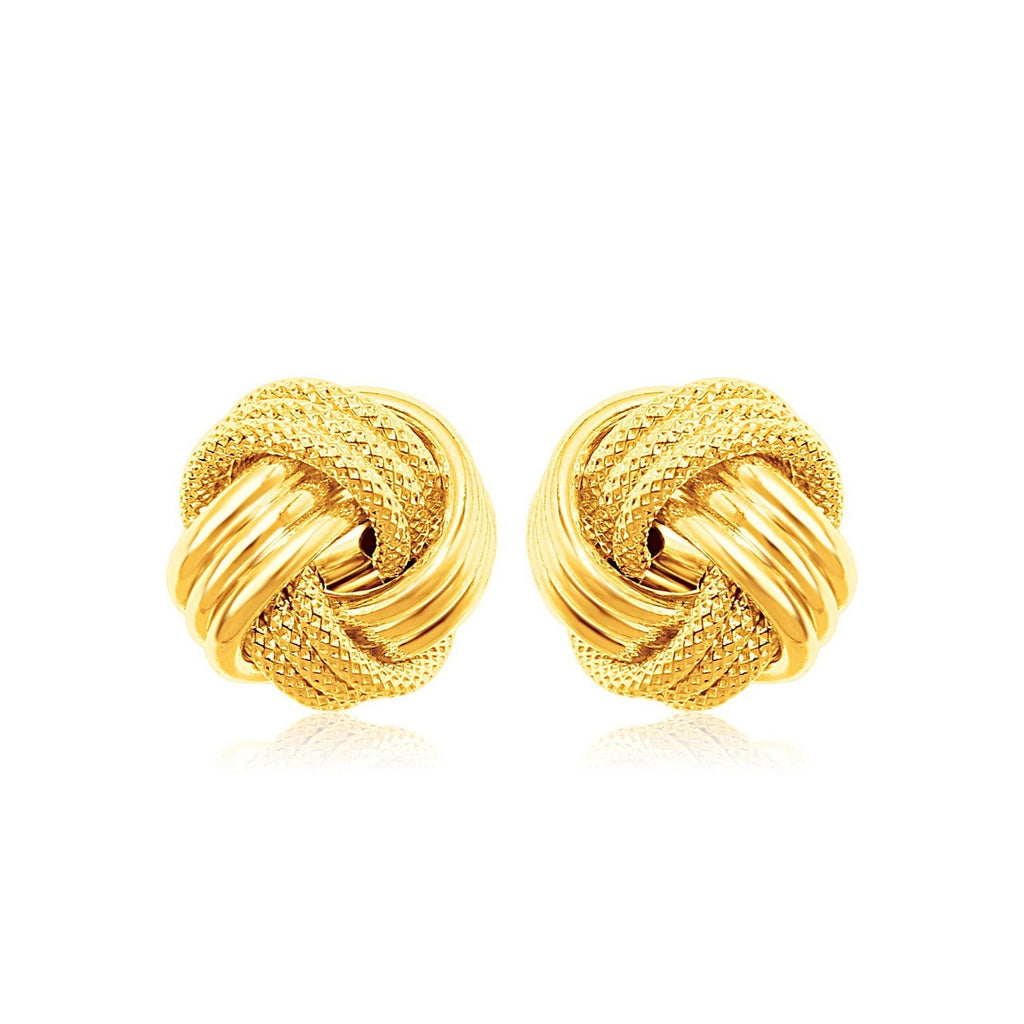 Ridge texture love knot stud earrings in 14K yellow gold, 9.65 mm push-back — DEEVE