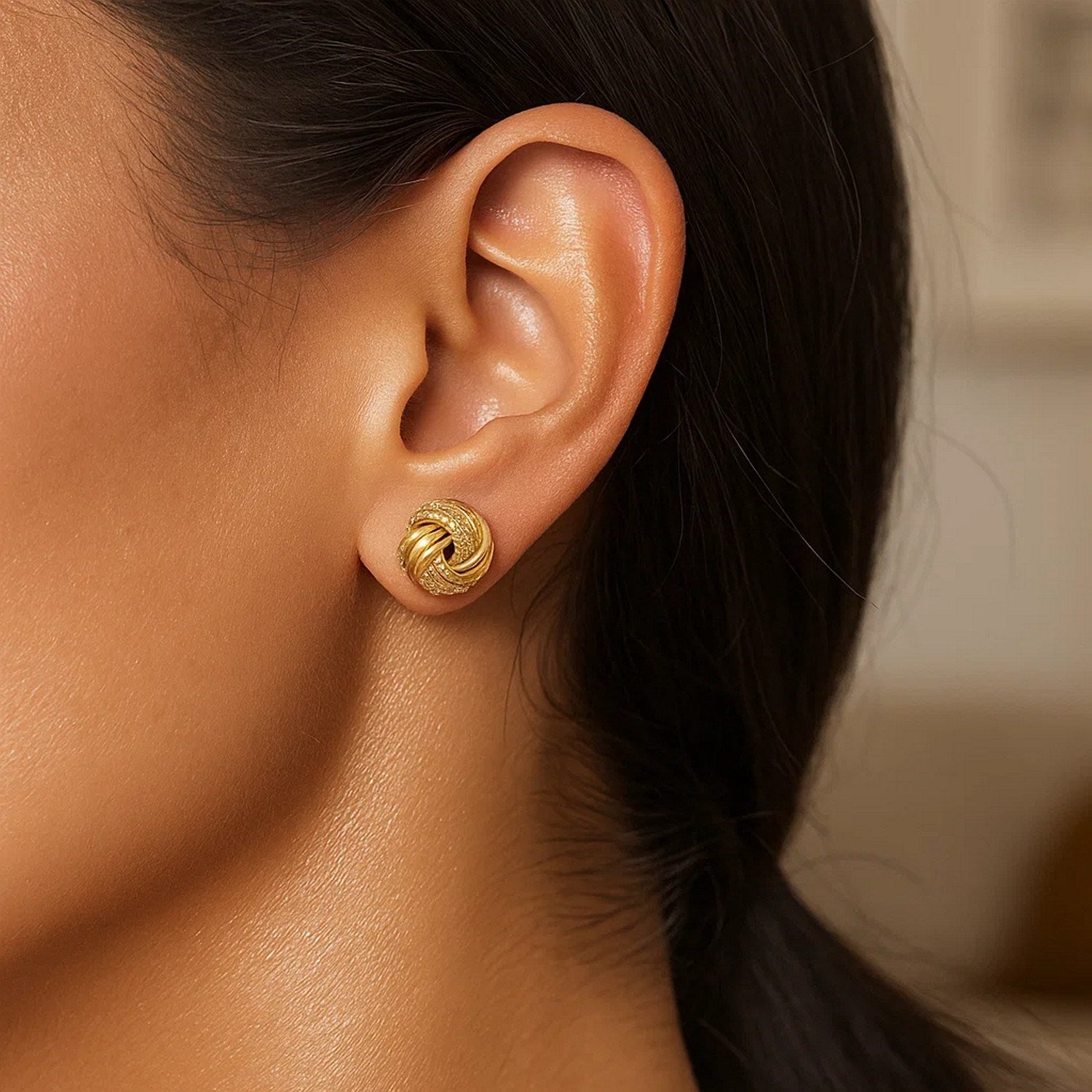 Ridge Texture Love Knot Stud Earrings in 14K Yellow Gold